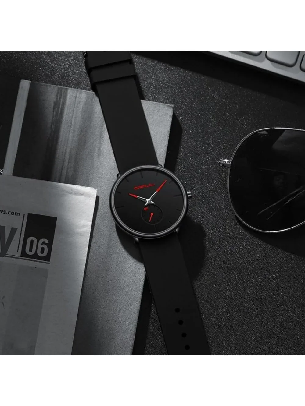 Crrju Men's Black Red Stylish Waterproof Quartz Unisex Ultra Silicone Band Watch
